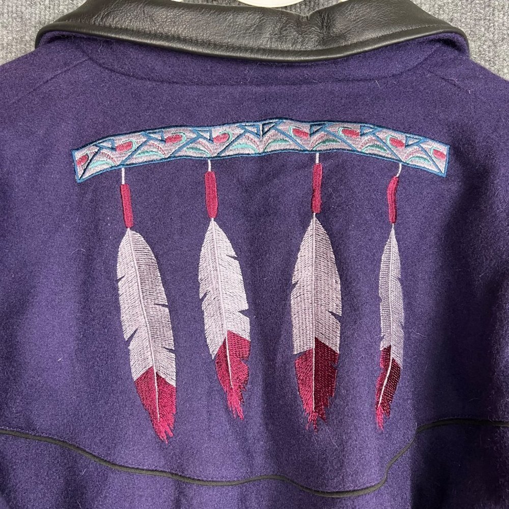 Vintage Aztec Feather Embroidered Midwest Garment Co. Leather Collar Wool Jacket - Picture 5 of 10
